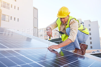 Buy stock photo Engineer, man or solar panels for clean energy, maintenance for building or sustainability. Male technician, electrician or installation for alternative power,  agriculture innovation or eco friendly