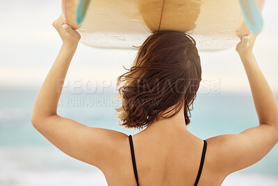 Buy stock photo Surfing, beach and woman with a surfboard on her head while on a summer vacation in Hawaii. Travel, freedom and girl on a seaside holiday, trip or adventure in nature outdoor by the ocean to surf.