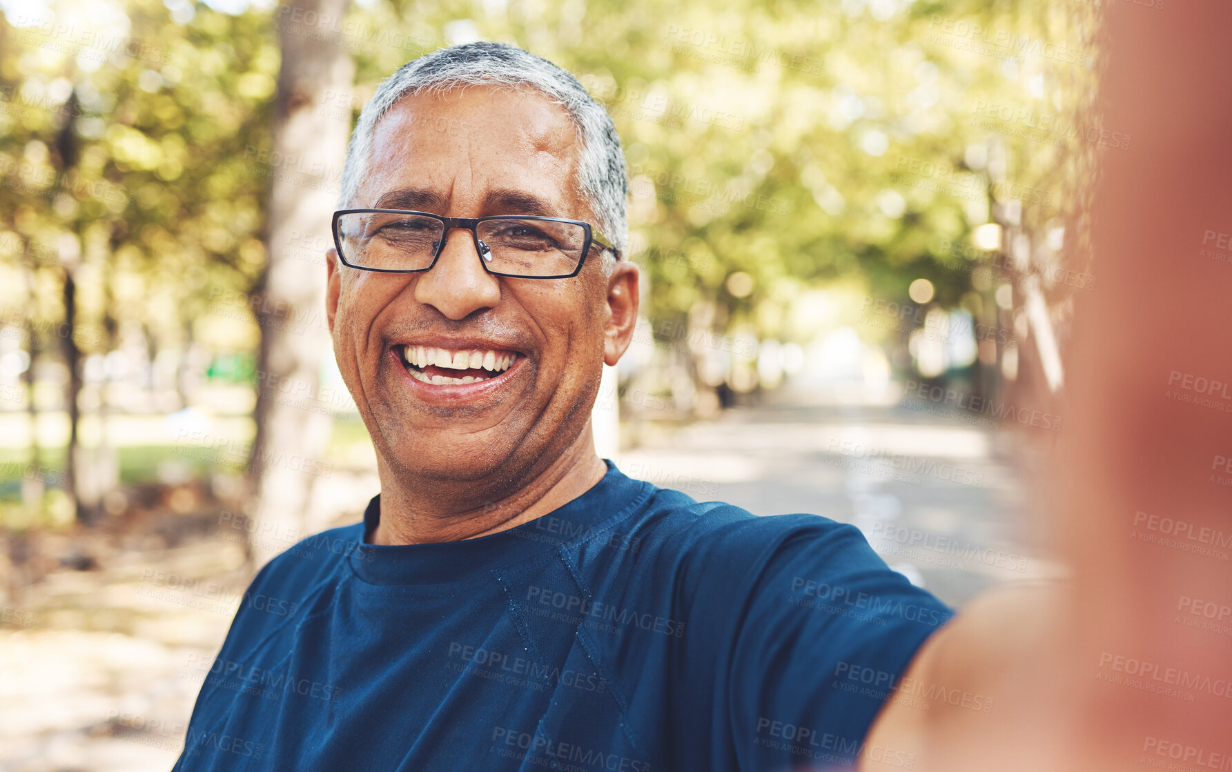 Buy stock photo Fitness selfie, senior man and happy in portrait outdoor, vitality and relax after body workout in the park. Smile in picture, freedom and travel with exercise, retirement and happiness in New York.