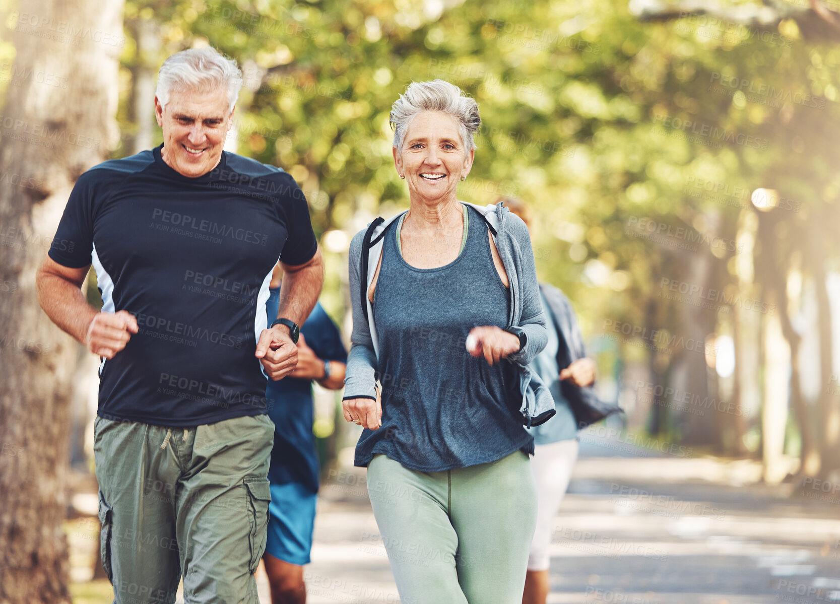 Buy stock photo Senior runner group, park and fitness for smile, teamwork or motivation for wellness in summer sunshine. Happy elderly couple, friends or running team by trees for exercise, health or outdoor workout