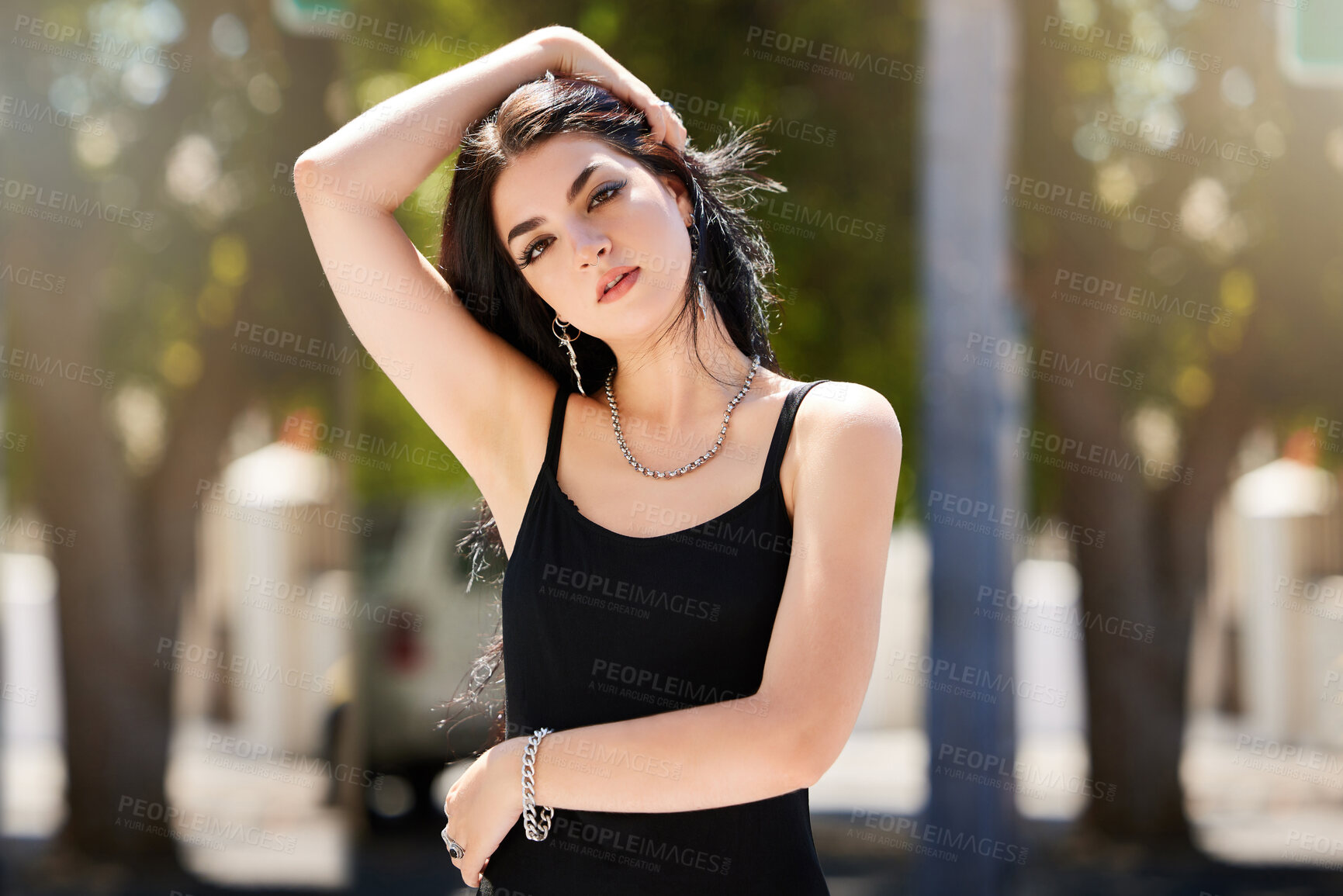 Buy stock photo Designer fashion, young woman and outdoor portrait with trendy clothes and edgy style for gen z youth in park. Hair, mockup and beauty with stylish girl and fashion model with freedom and focus.