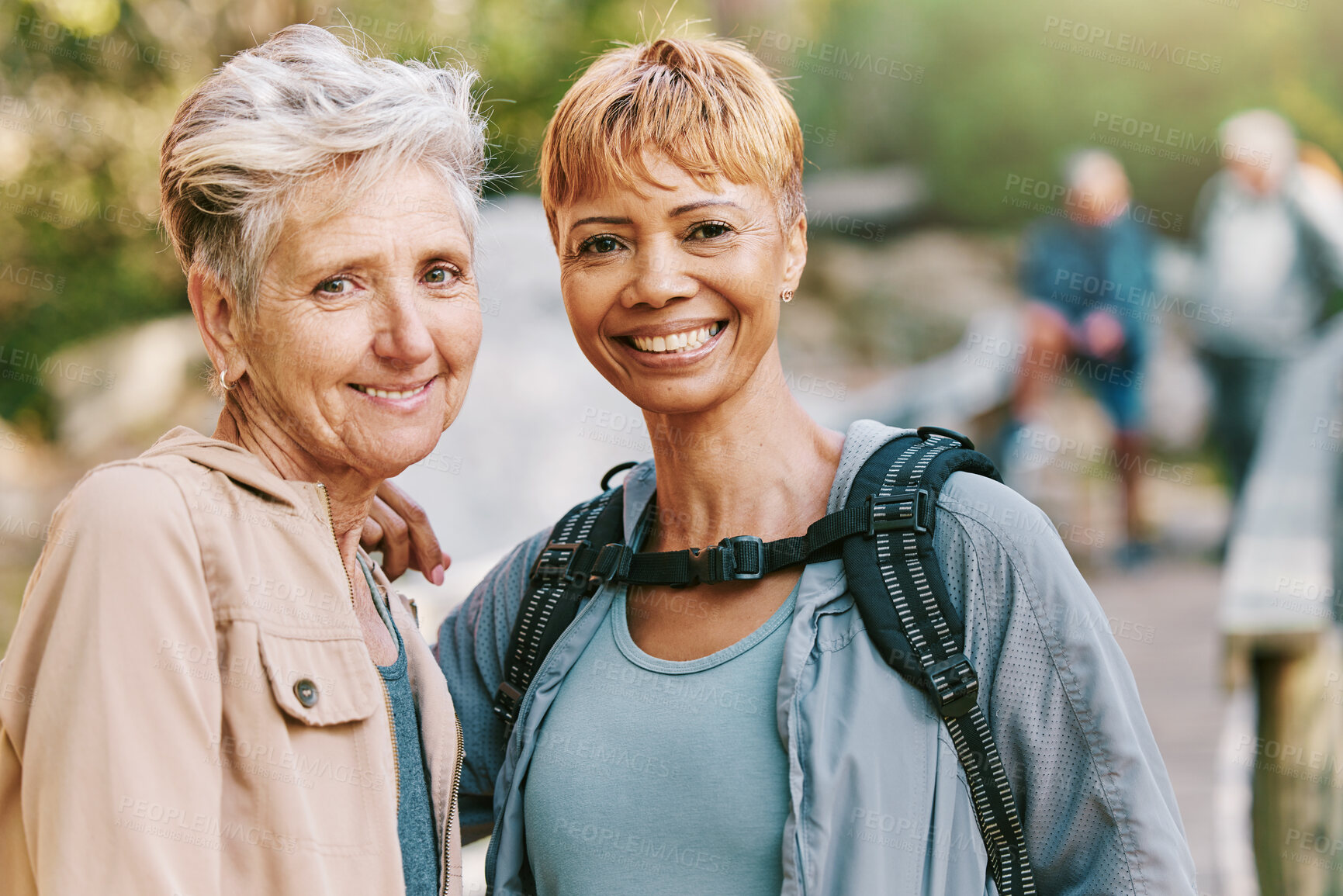 Buy stock photo Elderly women, smile and hiking with fitness outdoor, trekking with friends and retirement, vitality and active life. Portrait, exercise and cardio, happy hiker in park, travel and nature adventure.