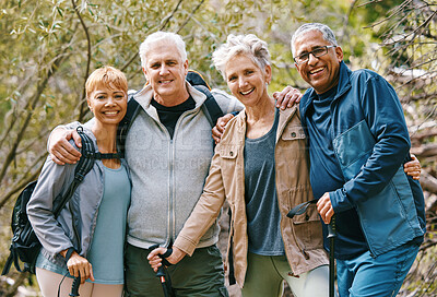 Buy stock photo Senior hiking group, portrait and smile in nature, forest and happy for adventure together in summer. Friends, woods and happiness by trees, outdoor and sunshine for exercise, wellness and retirement