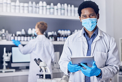 Buy stock photo Portrait, science and black man with mask, tablet and laboratory for vaccine, cure or healthcare. Medical professional, face cover or Nigerian male in lab, diagnosis for virus, innovation or research