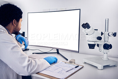 Buy stock photo Mockup, science and black man with computer, research and typing for data analysis, healthcare and cure. Medical professional, researcher and Nigerian scientist with focus, online search and digital.