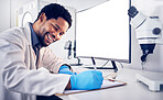 Mockup, science and black man with computer, research and typing for data analysis, healthcare and cure. Medical professional, researcher and Nigerian scientist with focus, online search and digital.