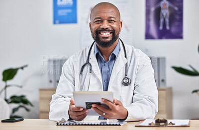 Buy stock photo Happy, smile and portrait of an African doctor sitting in his office after a consultation at the clinic. Healthcare, professional and male medical worker analyzing results in a medicare hospital.
