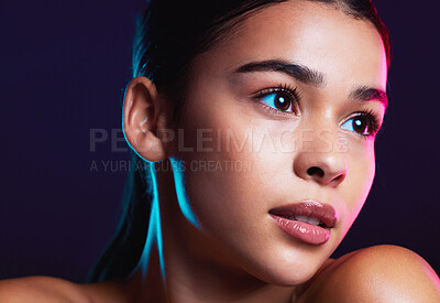 Buy stock photo Woman, makeup and skincare for beauty in studio with dark aesthetic, face glow and self care by backdrop. Model, skin wellness and healthy natural shine with cosmetic, facial and health for self love