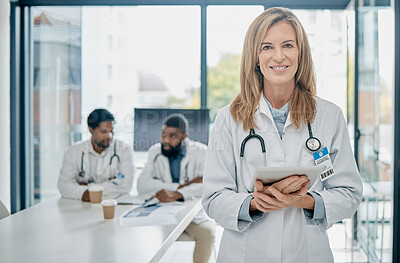 Buy stock photo Doctor, tablet and senior woman, leadership and health with medical innovation, technology and digital hospital schedule. Network, stethoscope and healthcare portrait with smile, success and vision.