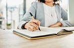 Notebook, pen and hands of woman writing, planning and working on calendar schedule for corporate business event. Paper, receptionist and secretary with pencil, planner and journal for message notes