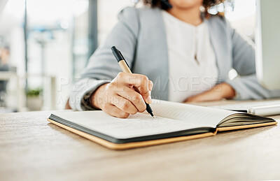 Buy stock photo Notebook, pen and hands of woman writing, planning and working on calendar schedule for corporate business event. Paper, receptionist and secretary with pencil, planner and journal for message notes