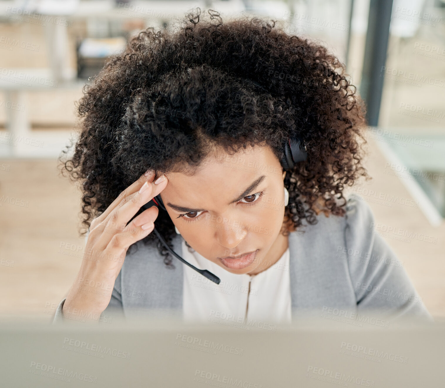 Buy stock photo Call center, black woman with headache and stress, burnout with contact us and mistake with customer feedback. Depression, job mental health with customer service fail and CRM problem with employee.