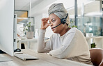 Call center, black woman with headache from burnout, employee fatigue, frustrated and glitch with CRM, contact us and computer. Mental health, pain and computer screen, tired and mistake with crisis.