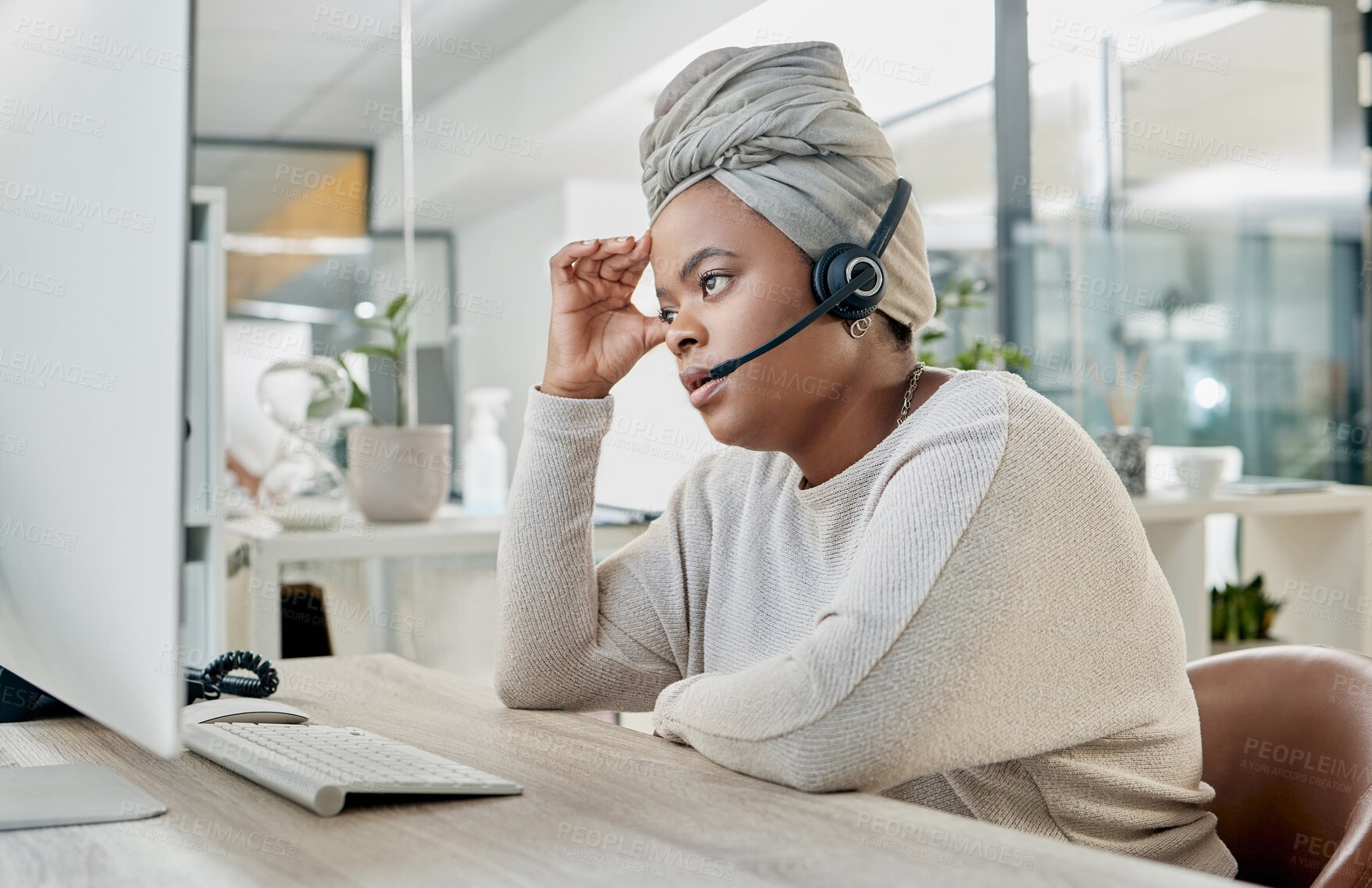 Buy stock photo Call center, black woman with headache from burnout, employee fatigue, frustrated and glitch with CRM, contact us and computer. Mental health, pain and computer screen, tired and mistake with crisis.