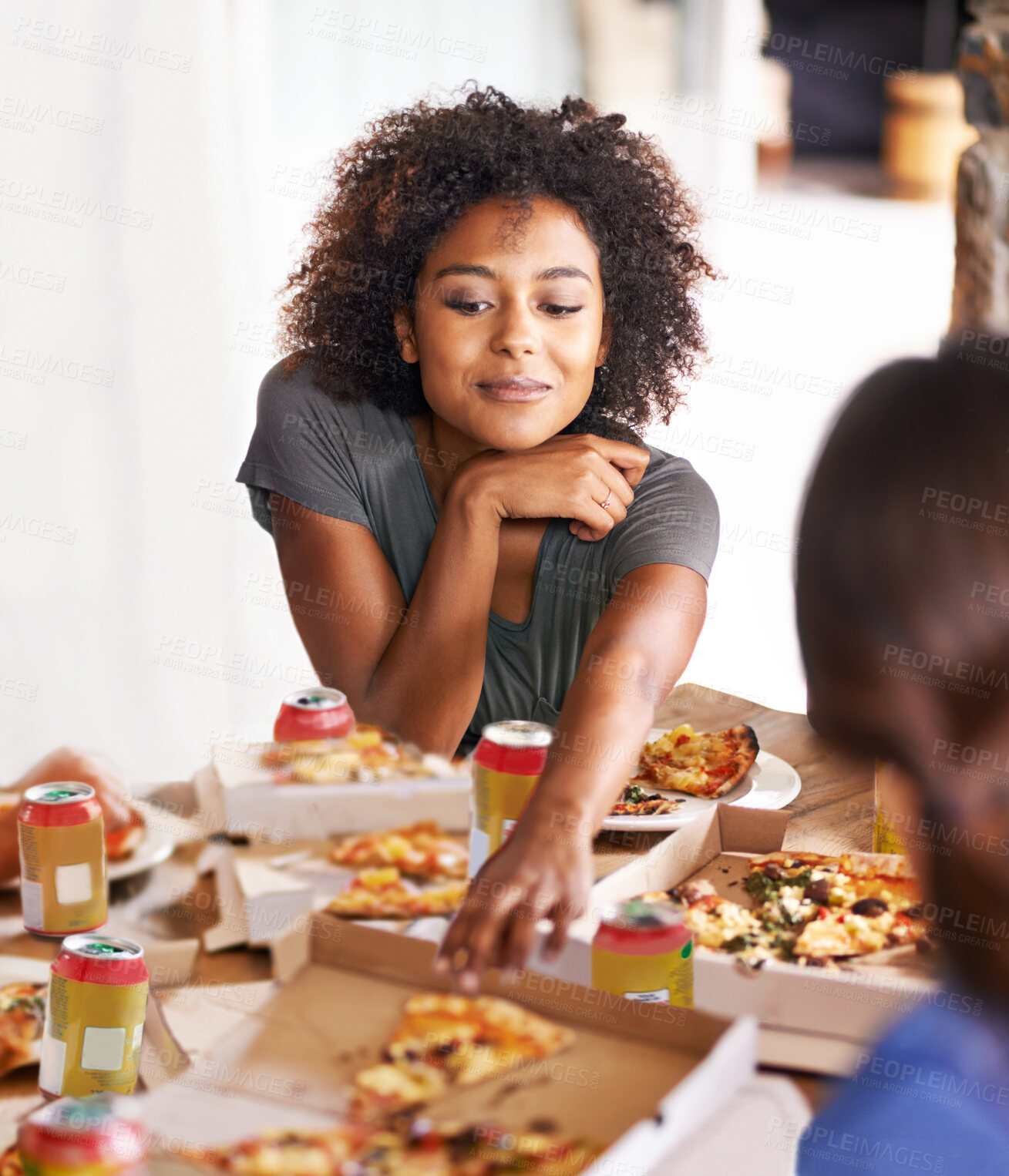 Buy stock photo Black woman, friends and pizza party at table, eating or bonding to relax in restaurant, house or cafe. Woman, group and italian fast food at dinner, lunch or meal for beer, drinks or social together