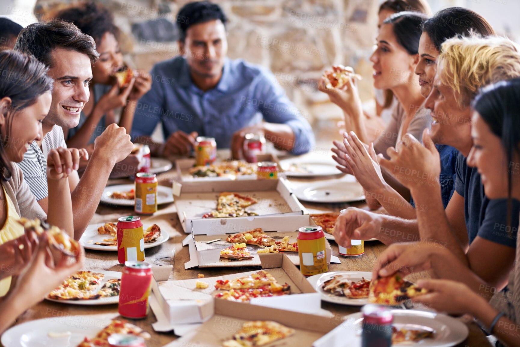 Buy stock photo Friends together eating, pizza at restaurant and fast food on table with social gathering and happiness in group. Men, women have lunch party with food, soda and nutrition, meal in New York pizzeria.