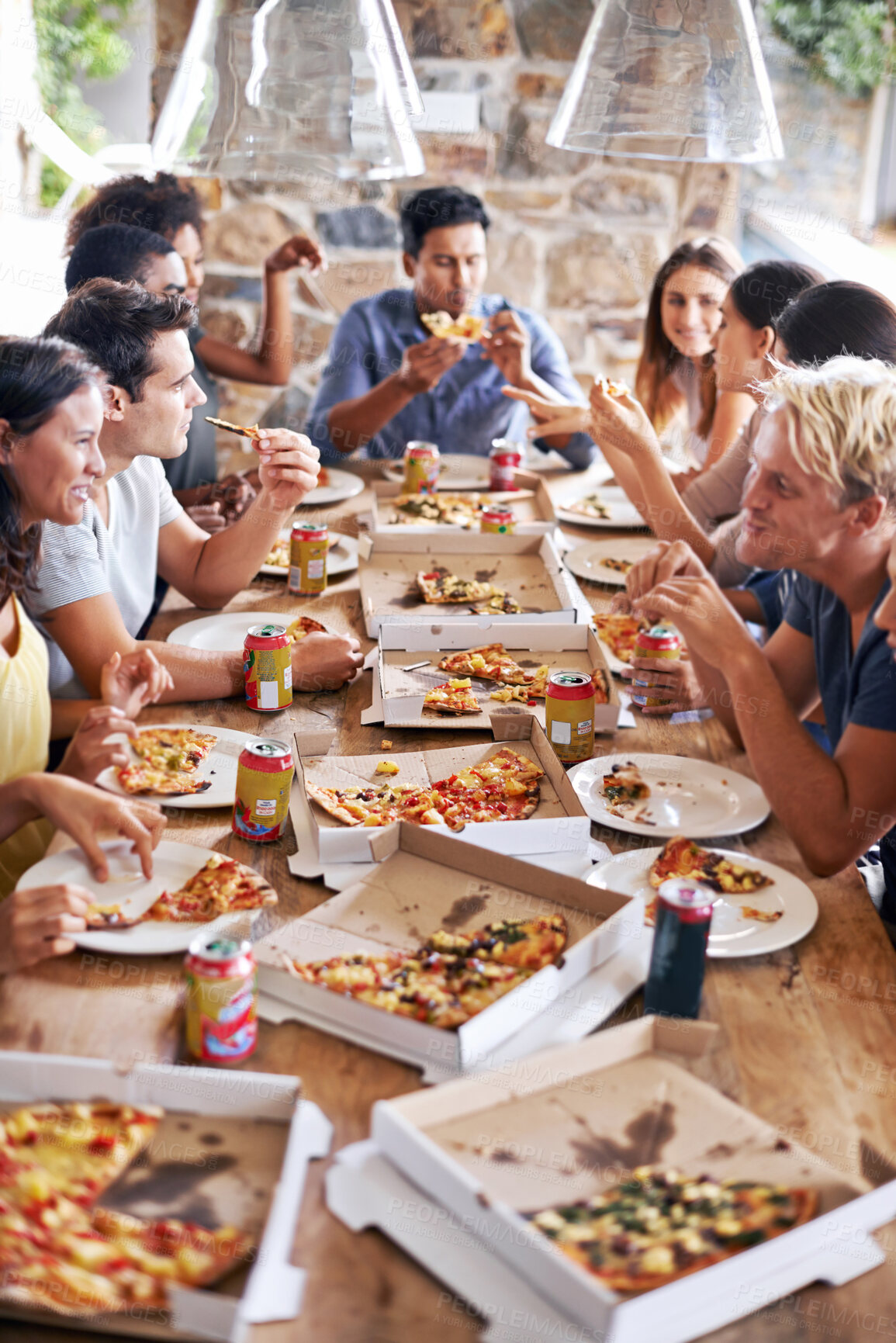 Buy stock photo Pizza, community or friends eating at a party table to celebrate summer holidays vacation together by bonding. Diversity, restaurant or hungry people enjoy a fast food lunch meal at social gathering