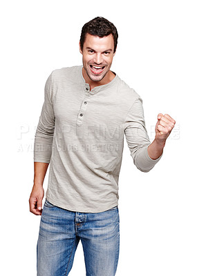 Buy stock photo Happy man, fist and celebration for winning, discount or goal against a white studio background. Portrait of isolated male model winner with smile celebrating win, sale or achievement on mockup
