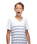 Portrait, wow and surprise with a boy child in studio isolated on a white background for marketing or advertising. Children, omg and shock with a male kid looking surprised on blank branding space