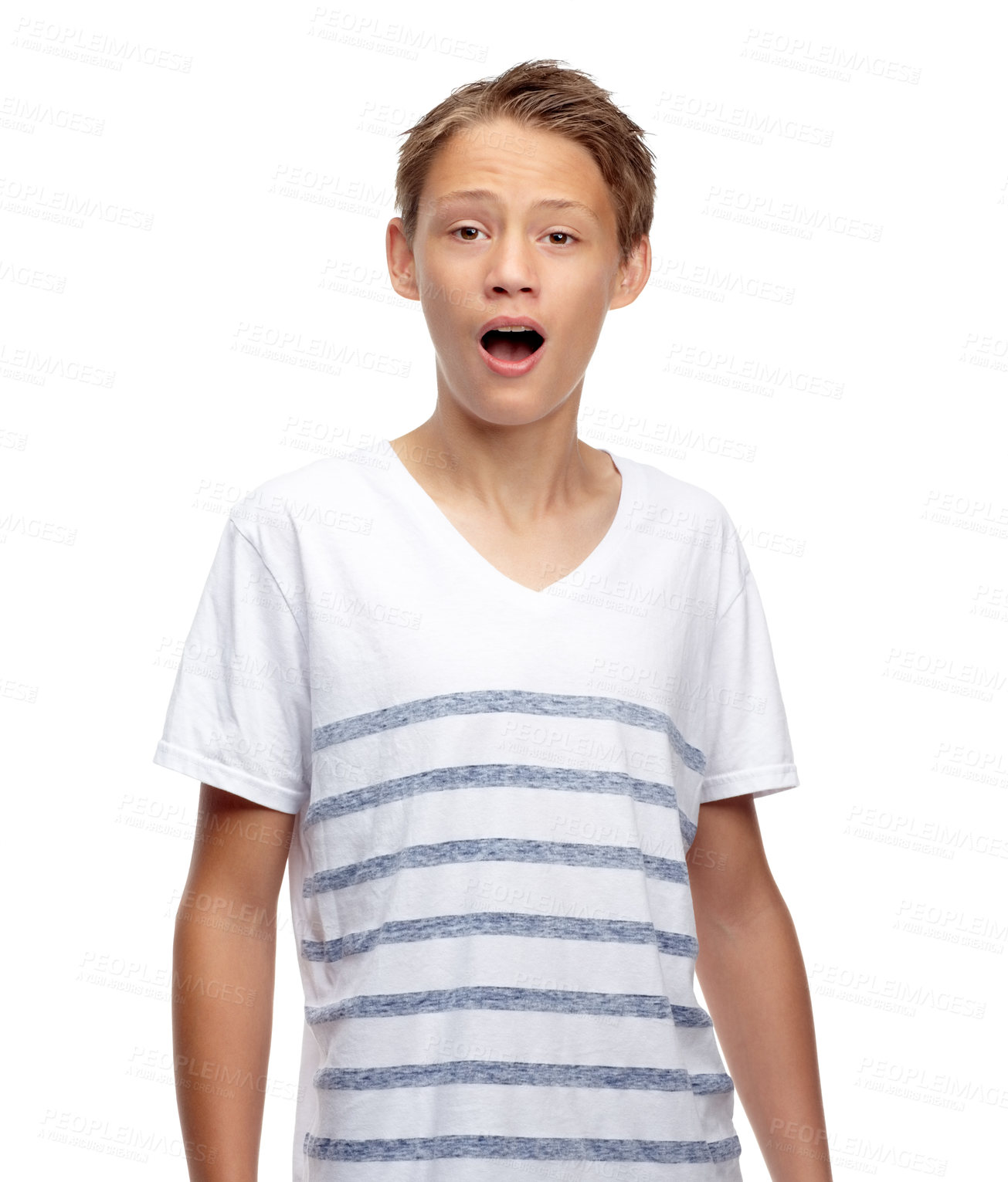 Buy stock photo Portrait, wow and surprise with a boy child in studio isolated on a white background for marketing or advertising. Children, omg and shock with a male kid looking surprised on blank branding space