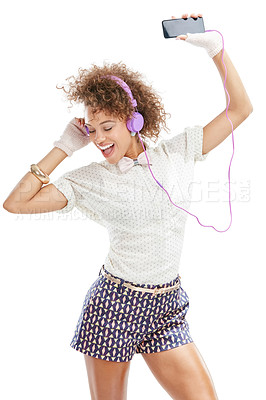 Buy stock photo Happy, dance and headphones of a woman with music, phone radio and web audio dance. White background, black woman and happiness of isolated model streaming a podcast with headphones and mobile