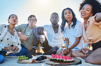 Buy stock photo Watermelon, selfie or crazy friends on picnic to enjoy bonding or eating healthy fruits in summer. Grapes, funny faces or happy people drinking wine with food on a relaxing holiday vacation in nature