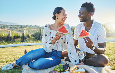 Watermelon, love or black couple on a picnic to relax on a summer holiday vacation in nature or grass. Partnership, romance or happy black woman enjoys traveling or bonding with a funny black man