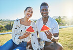 Couple, black people and picnic portrait with watermelon, champagne or nature for bonding, love or romance. Young happy couple, black woman and man with fruit, summer sunshine or happy in countryside