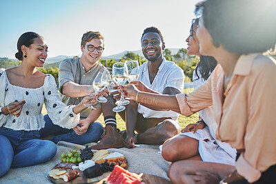 Buy stock photo Toast, nature or friends on a picnic to relax on holiday vacation to celebrate diversity or freedom. Cheers, wine and people with a happy smile, support or love in celebration of birthday or reunion 