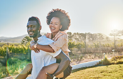 Buy stock photo Black couple, piggy back or bonding in park, nature garden or sustainability environment in fun activity game or love. Smile, happy man or afro woman in carry support, trust or freedom playful date