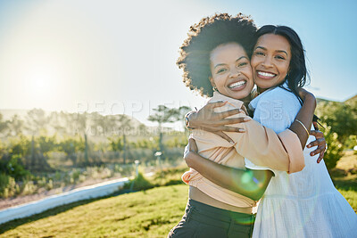 Buy stock photo Nature park, hug and portrait of friends relax together on outdoor grass field for quality time, peace and freedom mockup. Sun lens flare, friendship reunion and African women bond in Jamaica mock up
