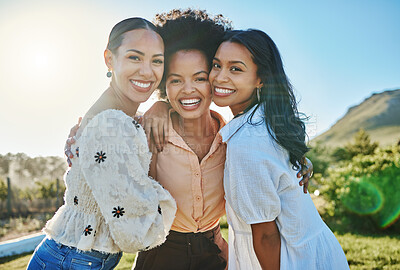 Portrait, travel or friends in nature with a happy smile on fun girls trip on summer holidays vacation together. Support, relaxing or young women hugging or enjoying bonding in countryside on weekend