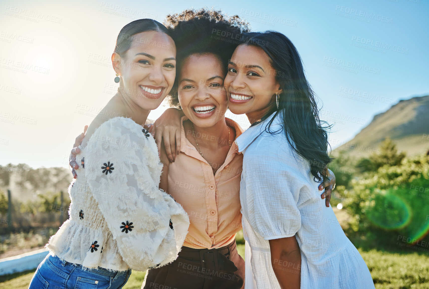 Buy stock photo Portrait, travel or friends in nature with a happy smile on fun girls trip on summer holidays vacation together. Support, relaxing or young women hugging or enjoying bonding in countryside on weekend