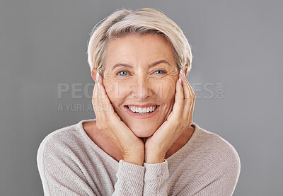 Buy stock photo Portrait of woman showing beauty skincare with smile, happiness with dental health and face of healthy elderly person in retirement. Headshot of woman model with cosmetics, skin wellness and hair