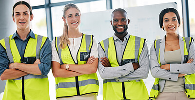 Buy stock photo Diversity, teamwork and proud engineer or architect people in group, team or collaboration portrait for our vision, trust and motivation. Construction workers smile together for happy job or career