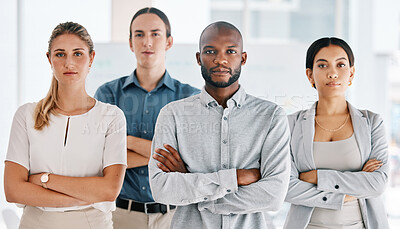 Buy stock photo Motivation, arms crossed and serious with business people standing in corporate company building together. Innovation teamwork and goals with employees in conference, workshop or meeting