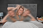 Mental health, bipolar disorder and depressed woman in bed with blur motions showing sad, headache and frustrated suffering. Multiple personalities, stress and lady in pain, emotional hands on head.