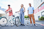 Group, friends and bike with skateboard for fashion, skate and transport in city with for carbon footprint, wellness and fitness. Urban, young and people with trendy, edgy and clothes in Cape Town