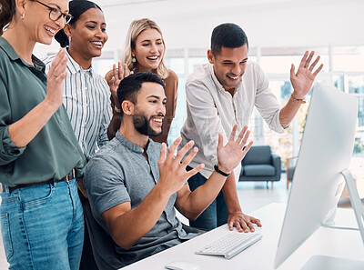 Buy stock photo Video conference, business and employees with wave while talking on a computer together at work. Happy, corporate and young group of marketing employees greeting on a webinar on a pc in an office