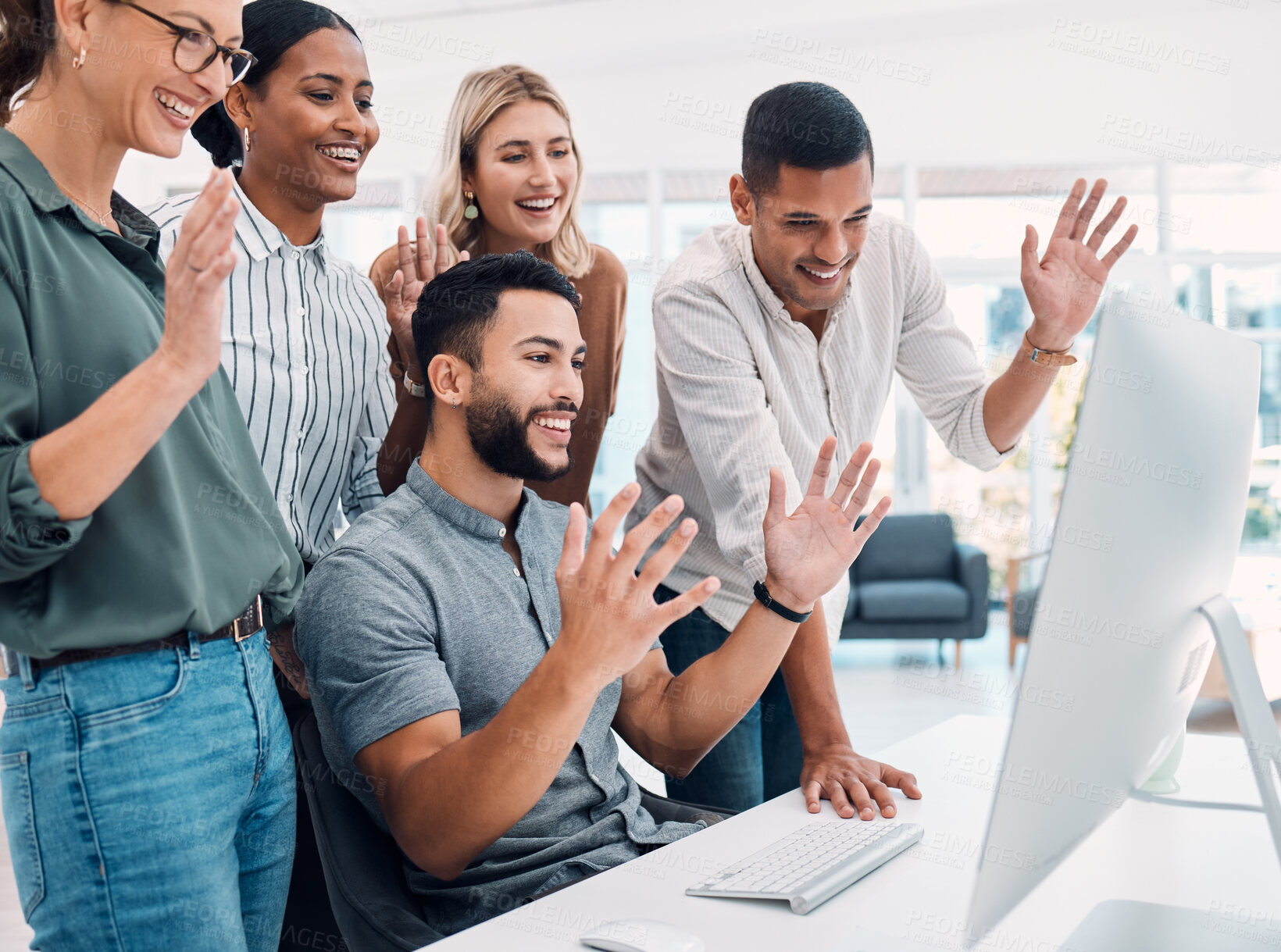 Buy stock photo Video conference, business and employees with wave while talking on a computer together at work. Happy, corporate and young group of marketing employees greeting on a webinar on a pc in an office