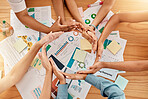 Top view, business people or circle hands in security, safety or trust with infographic documents, kpi research or target audience data. Men, women or teamwork collaboration unity in marketing office