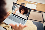 Laptop video call, webinar or woman wave to friend for communication, networking or collaboration with smile in living room. Happy, student or girl with tech greeting teacher or mentor for education 