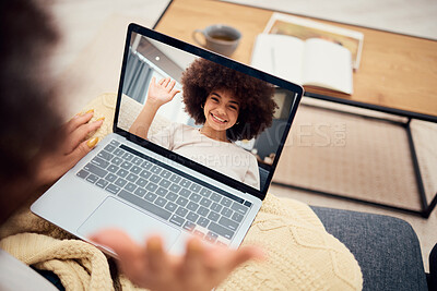 Buy stock photo Laptop video call, webinar or woman wave to friend for communication, networking or collaboration with smile in living room. Happy, student or girl with tech greeting teacher or mentor for education 