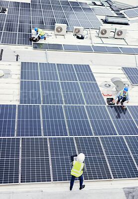 Buy stock photo Solar panel, construction and industrial employees on roof for solar energy, engineering and sustainable lifestyle. Building, sustainability and teamwork for clean electricity and photovoltaic power