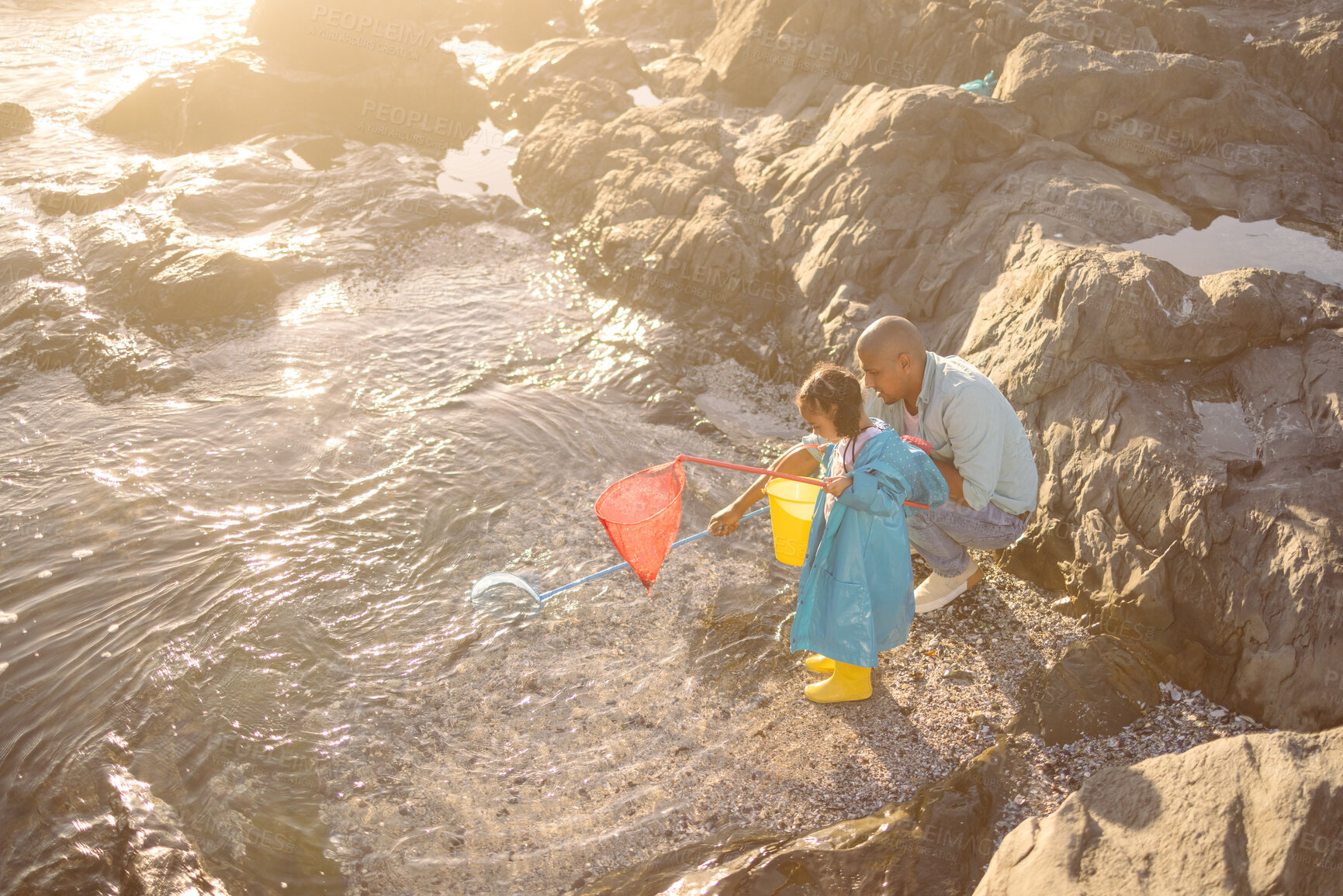 Buy stock photo Father, kid and fishing net at beach, ocean and sea for learning, development and adventure, summer holiday and sunshine vacation. Girl child catching fish with parent in nature, rock pool and water 