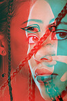 Double exposure, retro and face portrait of a woman with creative makeup, red color and edgy texture on a studio background. Vintage, cosmetics and zoom of a model with graphic design overlay