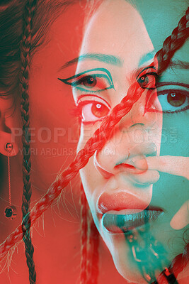 Buy stock photo Double exposure, retro and face portrait of a woman with creative makeup, red color and edgy texture on a studio background. Vintage, cosmetics and zoom of a model with graphic design overlay
