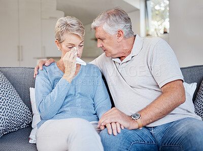 Buy stock photo Sad, crying and support of senior couple empathy, trust and helping for mental health problem, divorce or cancer with holding hands. Love of old couple hand holding for bad news, depression or death