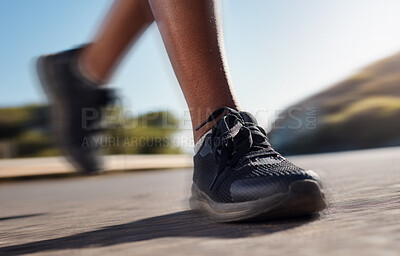 Buy stock photo Fitness shoes, run and training workout of a woman running on a road fast in nature. Marathon, sport and asphalt street runner doing exercise, sports or speed on concrete outdoor doing cardio