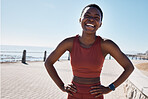 Fitness, black woman and portrait of a runner by the sea with happiness and smile training, Relax, happy and workout of a athlete doing sport, marathon training and exercise ready for running
